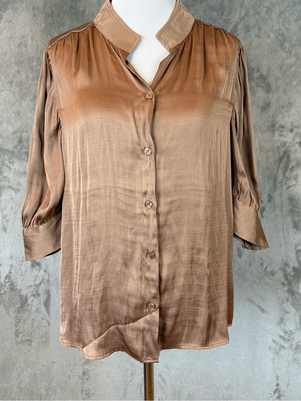 NWT RACHEL Rachel Roy Brown Satin Button-Down Blouse L